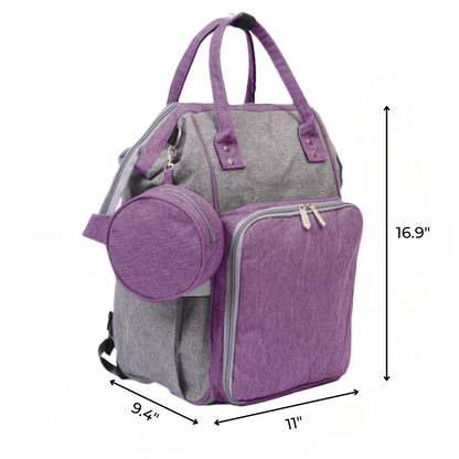 The Premium Quilting Organizer Backpack, in gray and purple, features a round side pouch, front pocket, and durable design. At 16.9" tall, 9.4" deep, and 11" wide, it's ideal for travel-ready organization on the go.