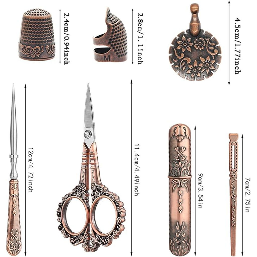 The Vintage Antique Sewing Kit features an antique bronze finish with copper-hued tools including thimbles, a needle case, scissors, a thread cutter, and tweezers. Adorned with elegant floral designs and precise measurements, it's perfect for quilters.