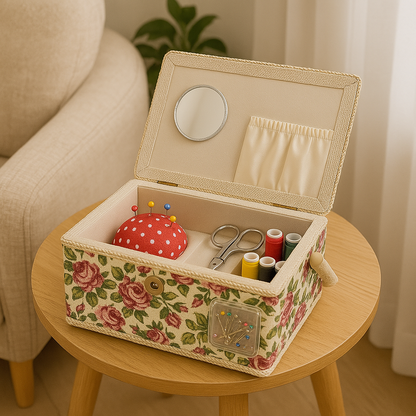 An exquisite Extra Large Vintage Sewing Basket sits on the wooden table, its floral design elegantly accompanied by colorful thread spools, scissors, a red pincushion, and a small mirror, showcasing timeless craftsmanship.