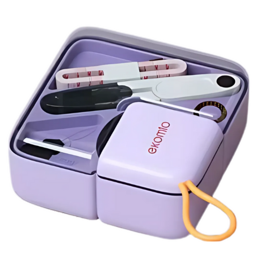 The Mini Sewing Kit includes compartments with scissors, a measuring tape, a needle threader, a seam ripper, and comes in a purple case labeled "ekomilo.