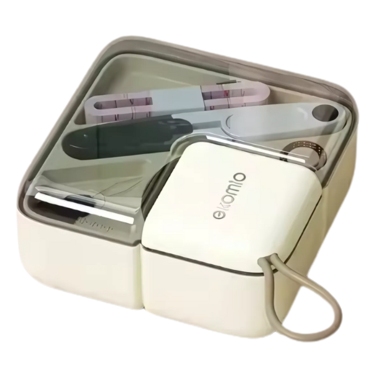 The Mini Sewing Kit is a compact beige case with travel-sized toiletry items and sewing essentials, including a mini sewing kit, toothbrush, comb, razor, and personal care tools—all in one portable package.
