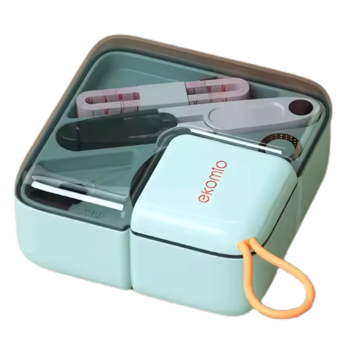 A compact, light blue Mini Sewing Kit with organized supplies, a pill organizer, and other personal care items—all in a travel case with an orange carrying loop.