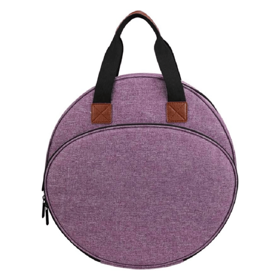 The Embroidery Storage Bag is a stylish purple round handbag with two black handles, brown accents, and a zippered compartment, perfect for organizing your embroidery essentials.