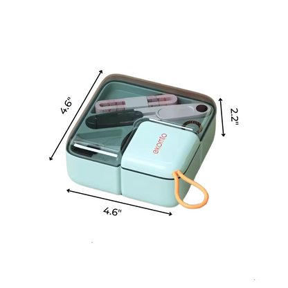 The Mini Sewing Kit comes in a compact, portable teal box (4.6" x 4.6" x 2.2"), ideal for storing essentials and perfect for quilting retreats or travel.
