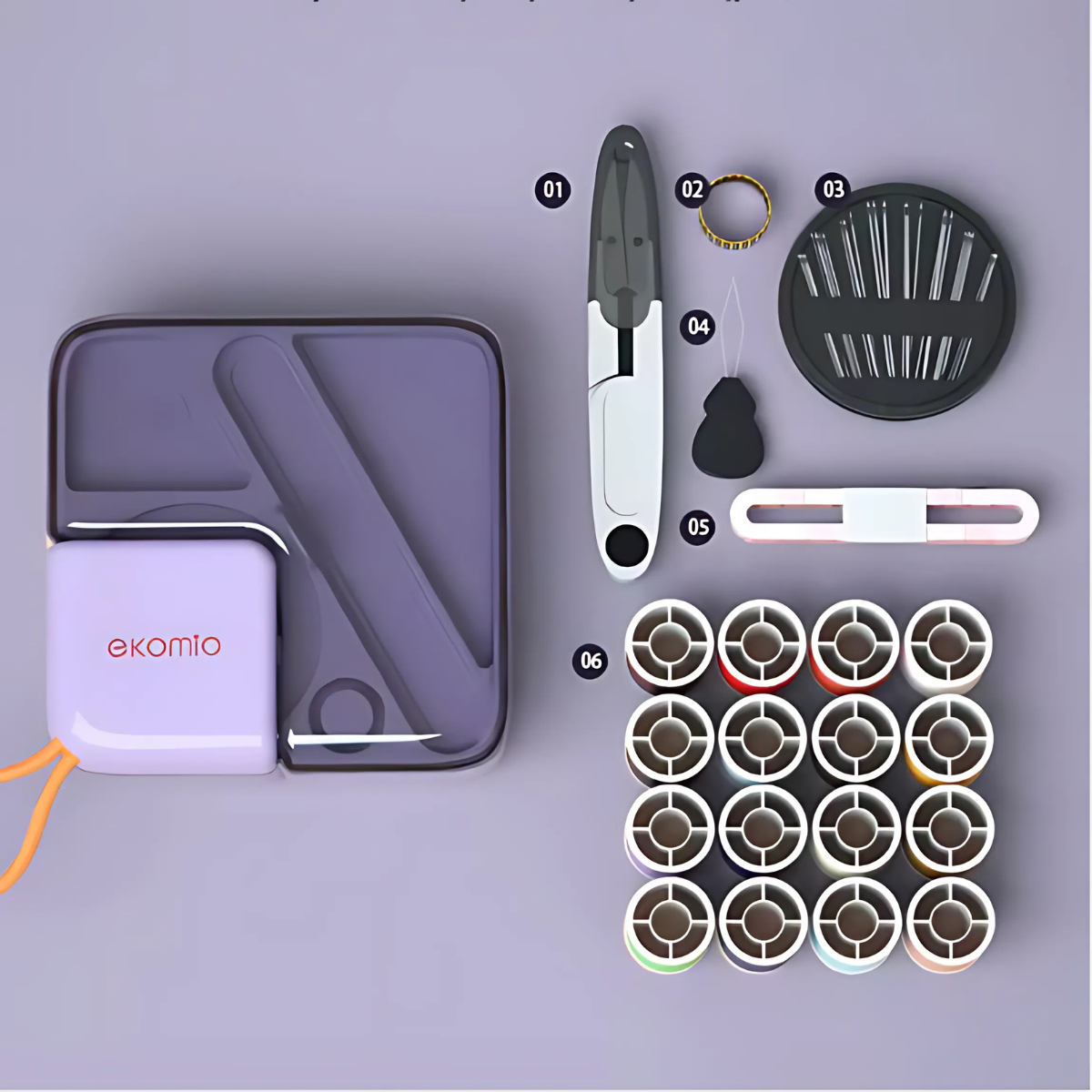 The Mini Sewing Kit features a purple case, scissors, needles, tape measure, needle threader, seam ripper, and colorful thread spools—compact and portable for travel or quilting retreats.