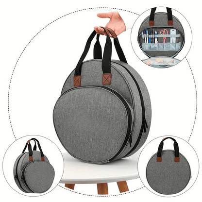 A hand holds a gray circular Embroidery Storage Bag with black handles. The bag, ideal for embroidery essentials, is shown on a round white surface with three inset images highlighting organized interior pockets containing toiletries.