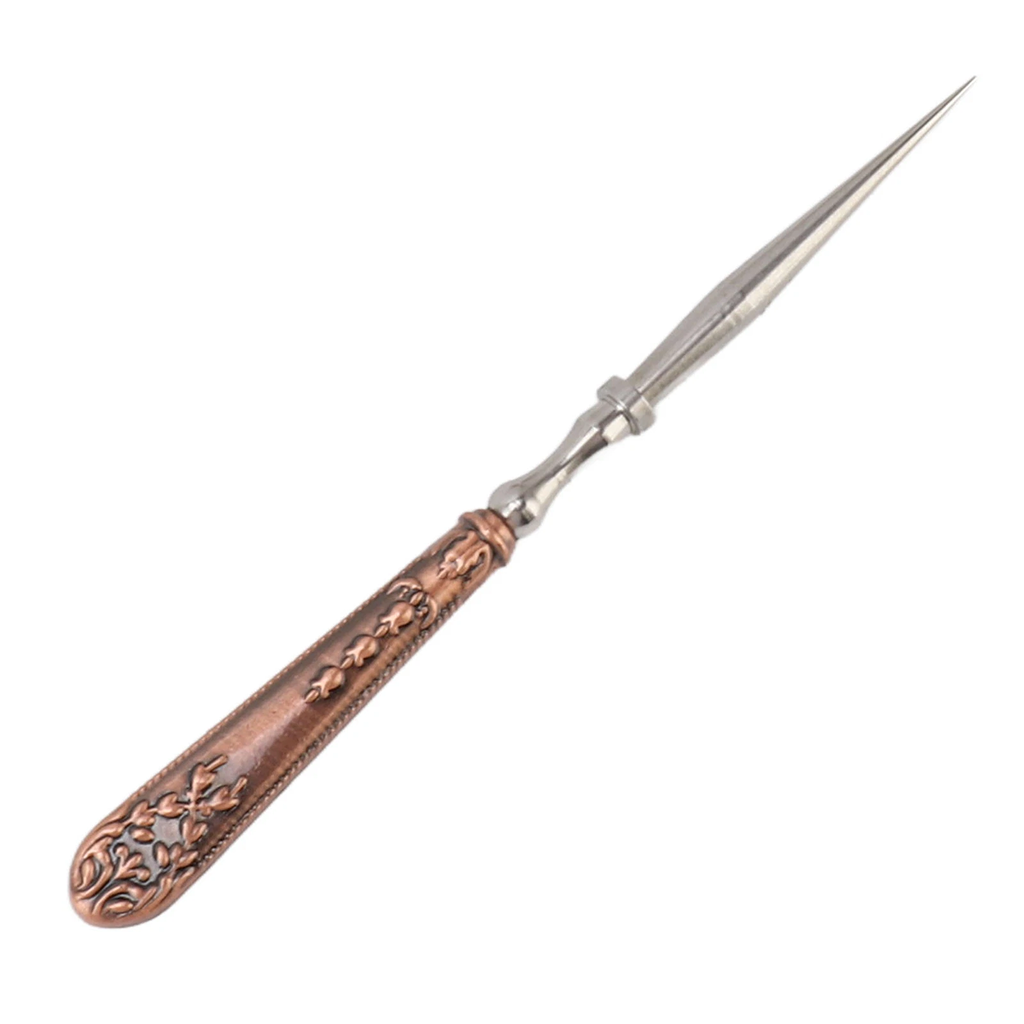 The Vintage Antique Sewing Kit includes a refined letter opener featuring an ornate floral-patterned handle with an antique bronze finish and a sharp, pointed silver blade, all neatly stored in a compact wooden case.