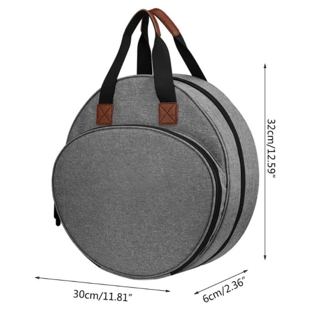The Embroidery Storage Bag is a round gray backpack with brown handle accents and two black shoulder straps, measuring 32cm x 30cm x 6cm. It's designed to offer ample space for your embroidery essentials.