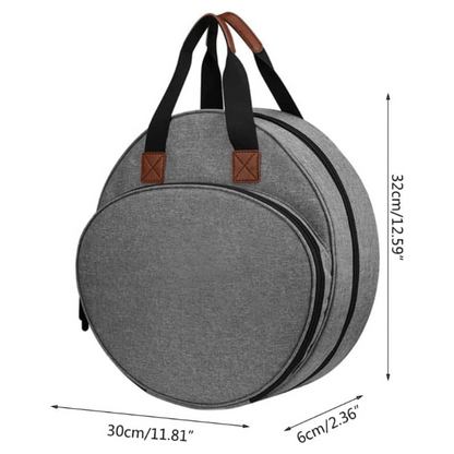 The Embroidery Storage Bag is a round gray backpack with brown handle accents and two black shoulder straps, measuring 32cm x 30cm x 6cm. It's designed to offer ample space for your embroidery essentials.