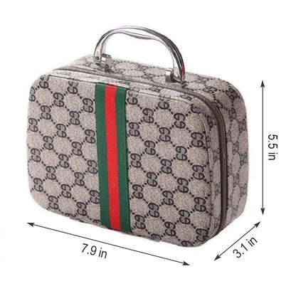 The "Sewing Kit In a Stylish Box" is reminiscent of a beige handbag with a patterned design, featuring an elegant green and red stripe. It's adorned with a silver handle to accentuate any décor. Dimensions: 7.9 x 3.1 x 5.5 inches.