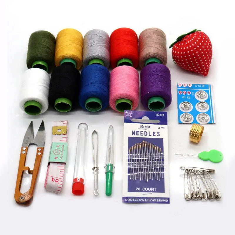The Sewing Kit in a Stylish Box includes colorful threads, needles, a tape measure, scissors, a pincushion, buttons, a needle threader, and safety pins. Perfect for all your sewing needs!.