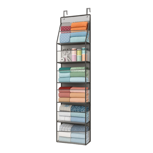 The Hanging Quilting Storage Shelves feature eight over-the-door shelves, offering a compact way to store folded towels, ribbon rolls, scissors, and sewing supplies—ideal for efficient quilting space organization.
