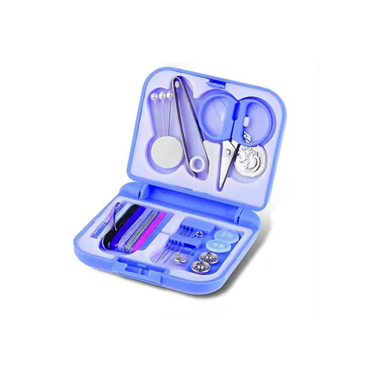 The Mini Sewing Kit for Quick Repairs comes in a light blue plastic case and is ideal for on-the-go repairs, containing scissors, needles, thread, a needle threader, buttons, measuring tape, and safety pins.
