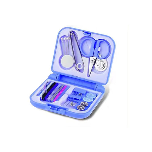 The Mini Sewing Kit for Quick Repairs comes in a light blue plastic case and is ideal for on-the-go repairs, containing scissors, needles, thread, a needle threader, buttons, measuring tape, and safety pins.