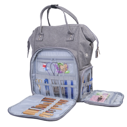 The Premium Quilting Organizer Backpack, made from durable 600D Oxford fabric, features multiple compartments and pockets to neatly hold sewing tools, crochet hooks, scissors, pens, and various craft supplies.