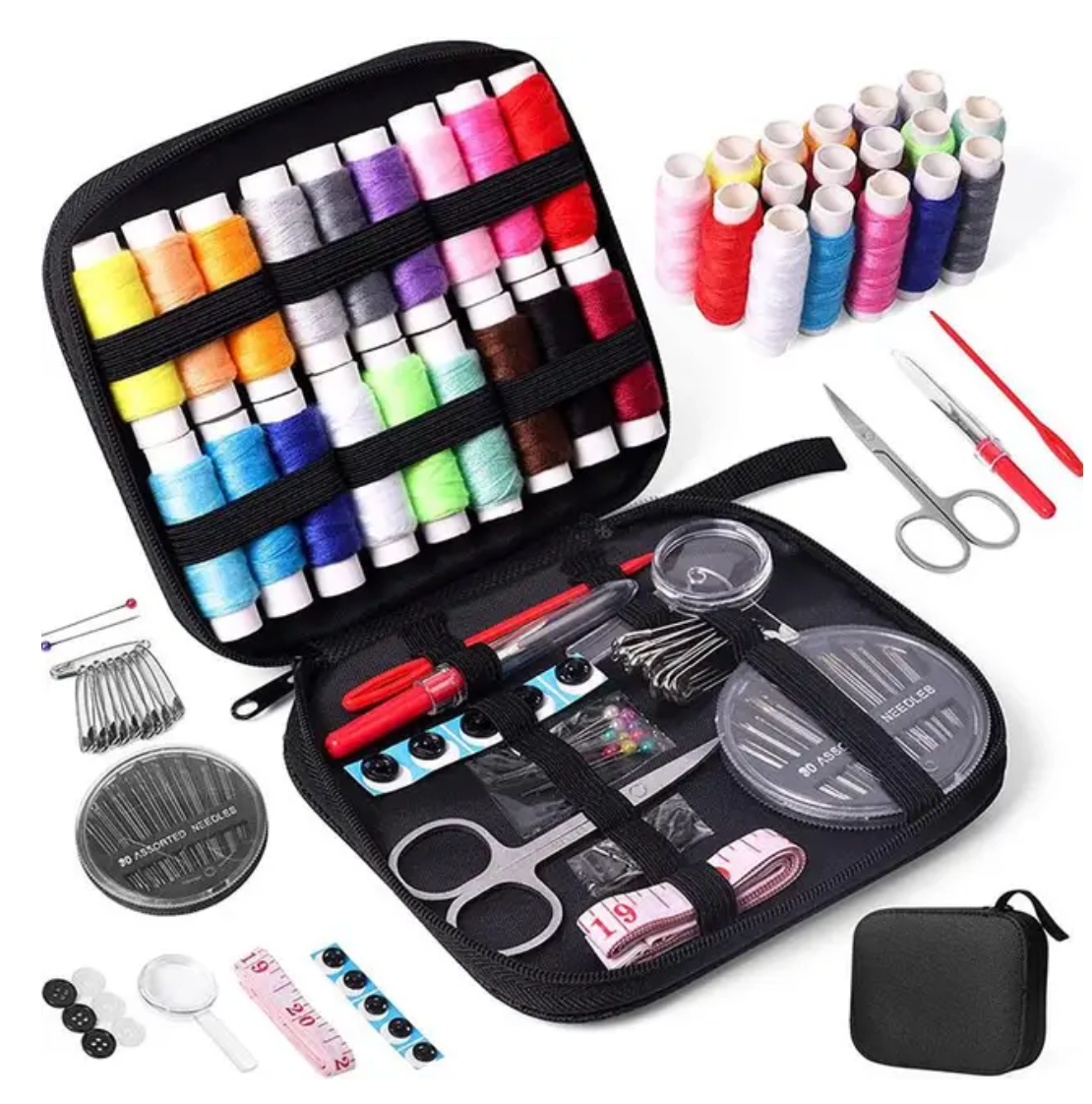 The Multi-Function Sewing Kit includes colorful threads, needles, buttons, scissors, extra spools, and more in a sleek black zippered case—ideal for all your crafting needs.