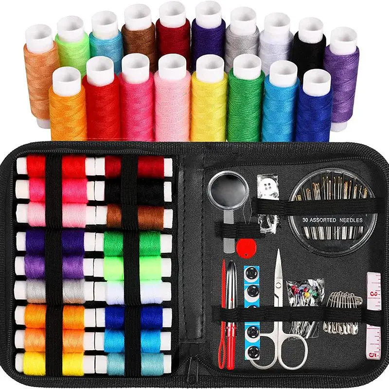 The Multi-Function Sewing Kit contains assorted colored threads, needles, scissors, a tape measure, and safety pins in an organized case, perfect for all crafting needs.