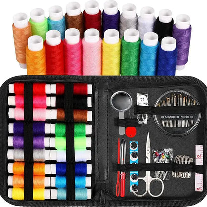 The Multi-Function Sewing Kit contains assorted colored threads, needles, scissors, a tape measure, and safety pins in an organized case, perfect for all crafting needs.