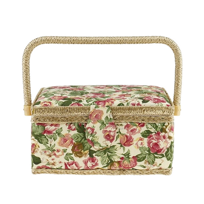 The Extra Large Vintage Sewing Basket features a rectangular floral design with a woven texture and top handle. Its fabric displays pink roses on a green and cream background, offering vintage charm.